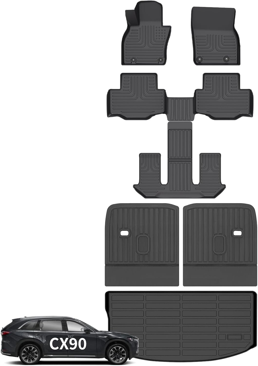 Wayhigh® Floor Mats & Backseat Cargo Liner for Mazda CX90 & CX-90 PHEV 2024 2025 2026 6 Seats 2nd Row with Bucket Seat or Captain Seat (50/50 Velcro Tape Fixed Backmats) TPE 3 Rows Waterproof Car Mat