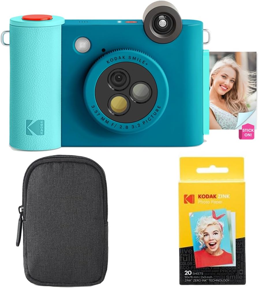 Kodak Smile+ 2-in-1 Digital Instant Print Camera & Wireless Bluetooth Photo Printer Starter Bundle + Carrying Case + Zink 20pk Sticky-Back Photo Paper - 10MP, Special-Effect Rotating Lens - Blue