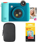Kodak Smile+ 2-in-1 Digital Instant Print Camera & Wireless Bluetooth Photo Printer Starter Bundle + Carrying Case + Zink 20pk Sticky-Back Photo Paper - 10MP, Special-Effect Rotating Lens - Blue