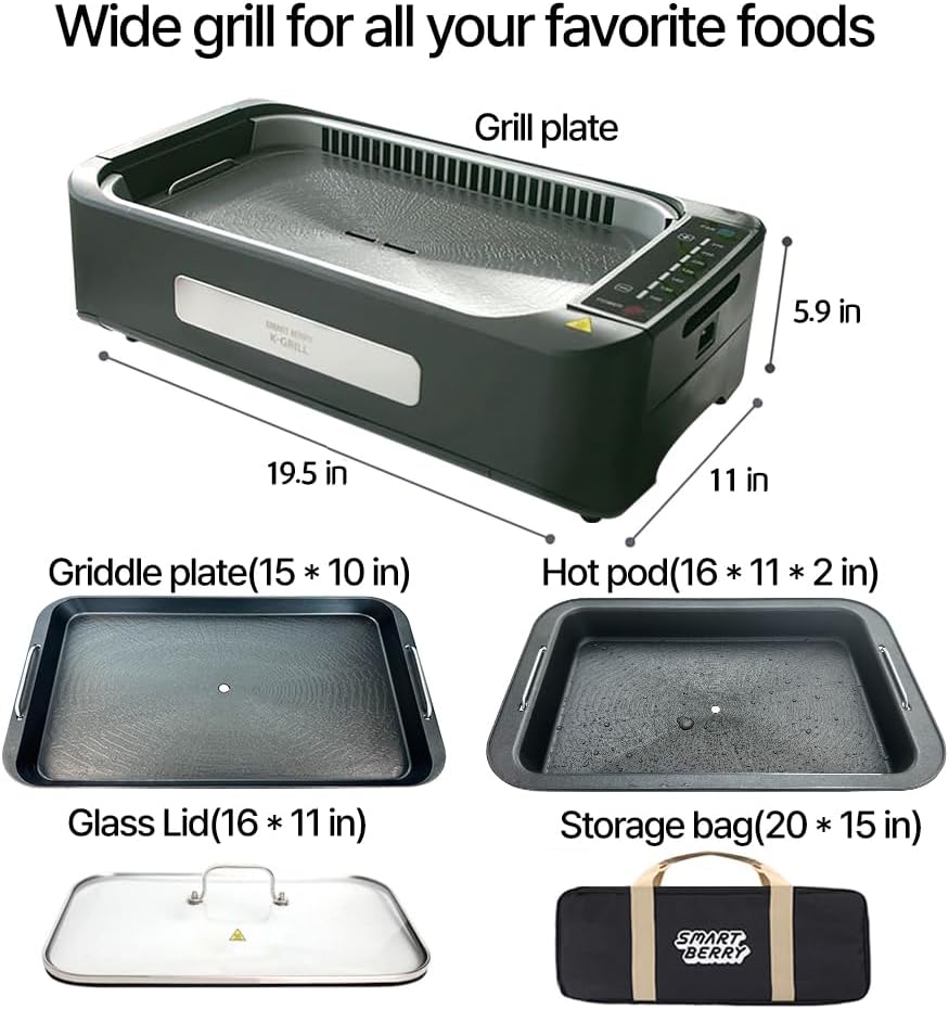 Smokeless Electric Indoor Grill with 3 in 1, Nonstick Grill/Griddle Plates, hot pot, Glass Lid, Portable Korean BBQ Grill with 7-Level Control, black