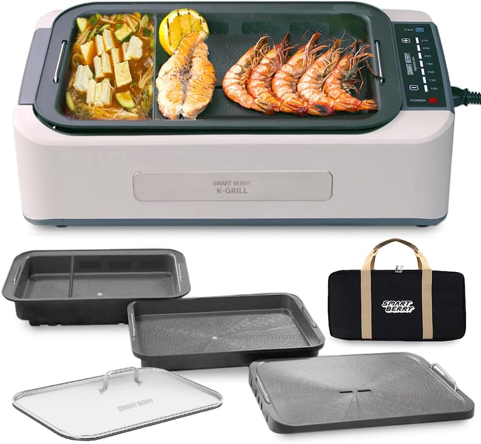 SMART BERRY 3 in 1 Smokeless Electric Indoor Grill, Nonstick Grill/Griddle Plates, Jjamjjapan, Glass Lid, Portable Korean BBQ Grill with 7-Level Control (Jjamjjapan set White)