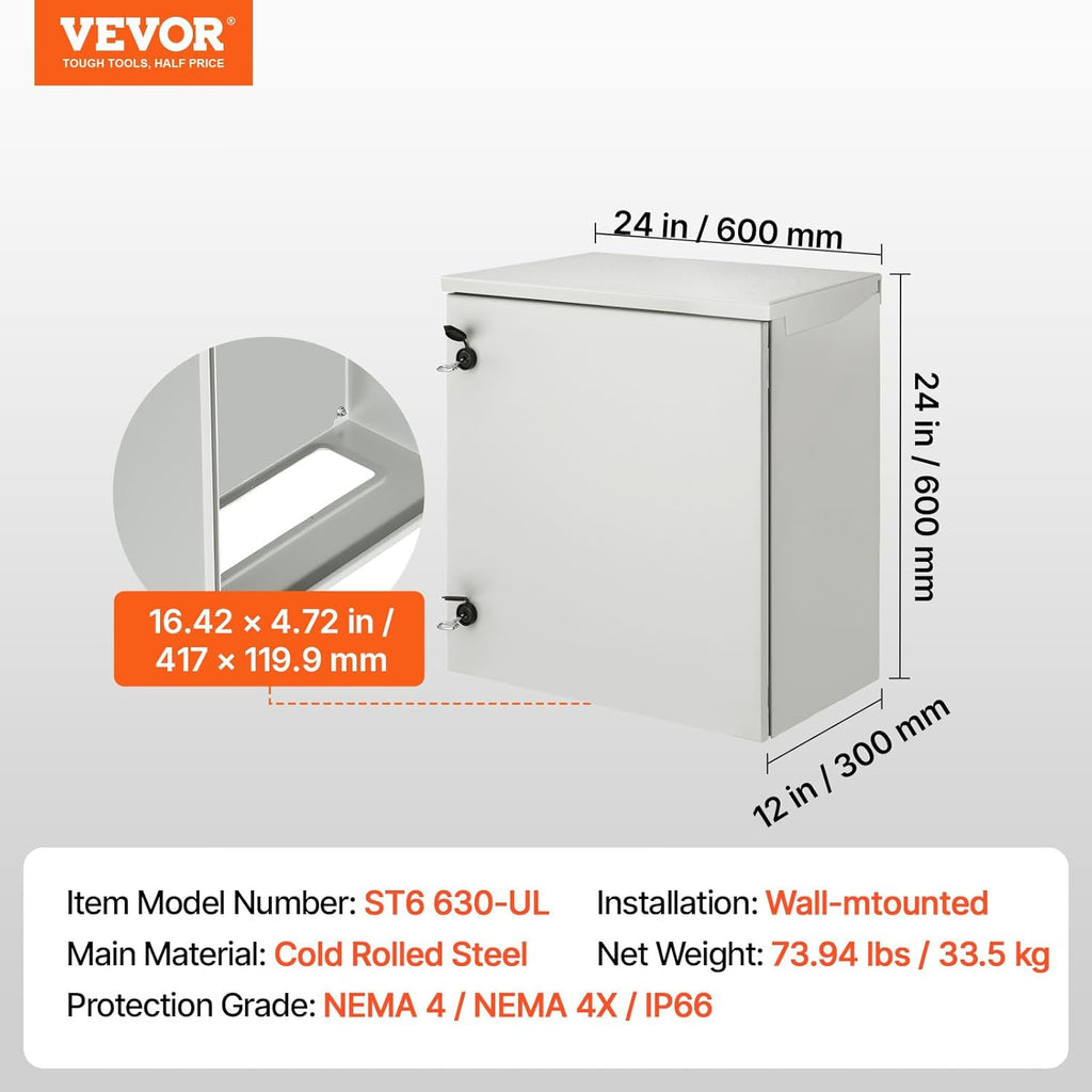 VEVOR Electrical Enclosure, 24'' x 24'' x 12'', NEMA 4 Outdoor Enclosure, IP65 Waterproof & Dustproof Cold-Rolled Carbon Steel Hinged Junction Box for Outdoor Indoor Use, with Rain Hood