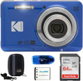 KODAK Pixpro FZ55 Digital Camera Bundle, Includes: SanDisk 64GB SDXC Memory Card, Hard Shell Camera Case, SD Card Reader and More (5 Items) (Blue)