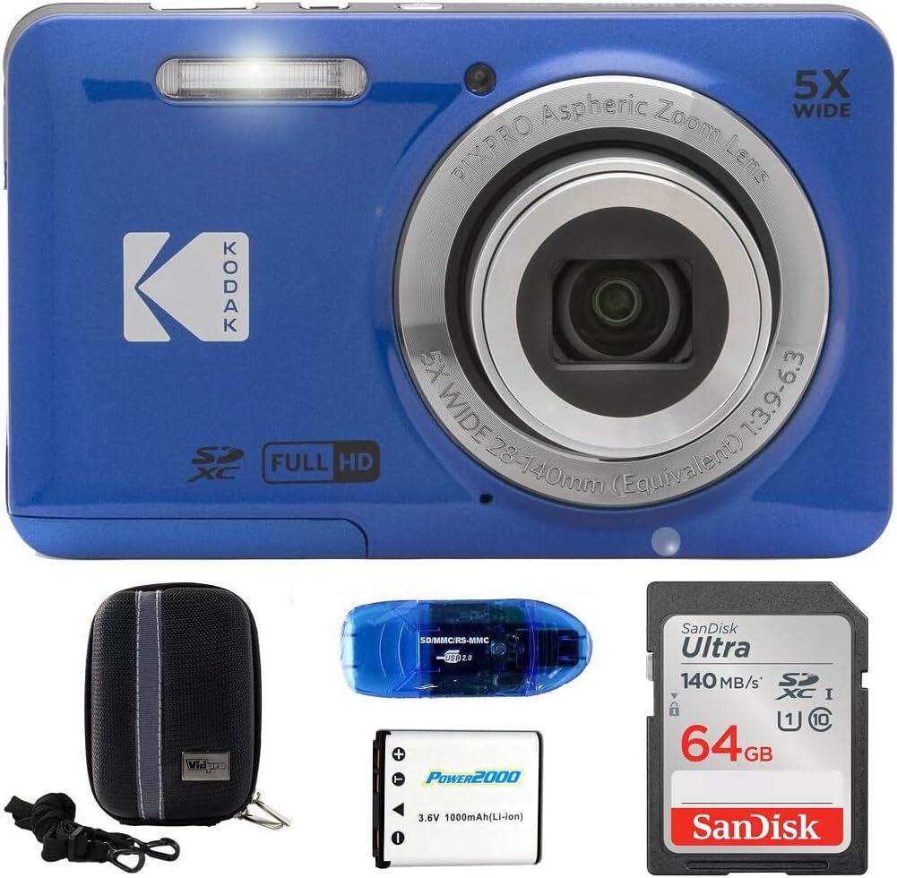 KODAK Pixpro FZ55 Digital Camera Bundle, Includes: SanDisk 64GB SDXC Memory Card, Hard Shell Camera Case, SD Card Reader and More (5 Items) (Blue)