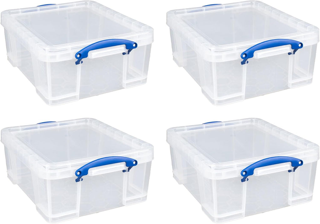 Really Useful Box 4 Pack 17L Plastic Storage Bins with Snap Lids and Clip Lock, Clear