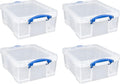 Really Useful Box 4 Pack 17L Plastic Storage Bins with Snap Lids and Clip Lock, Clear