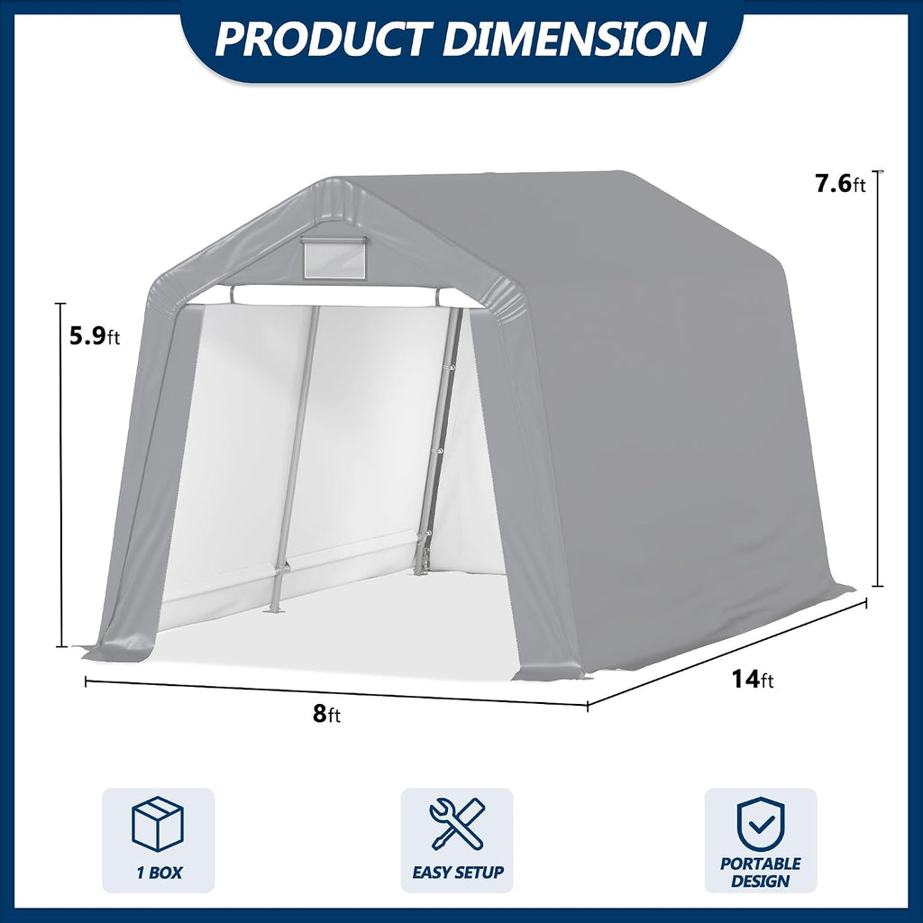 COVERONICS 8' x 14' Outdoor Storage Shed - Heavy Duty Portable Shelter Carport with Ventilation Windows and Roll-up Doors, Storage Shelter Tent for Motorcycle, Bike, Lawnmower and Garden Tools, Grey