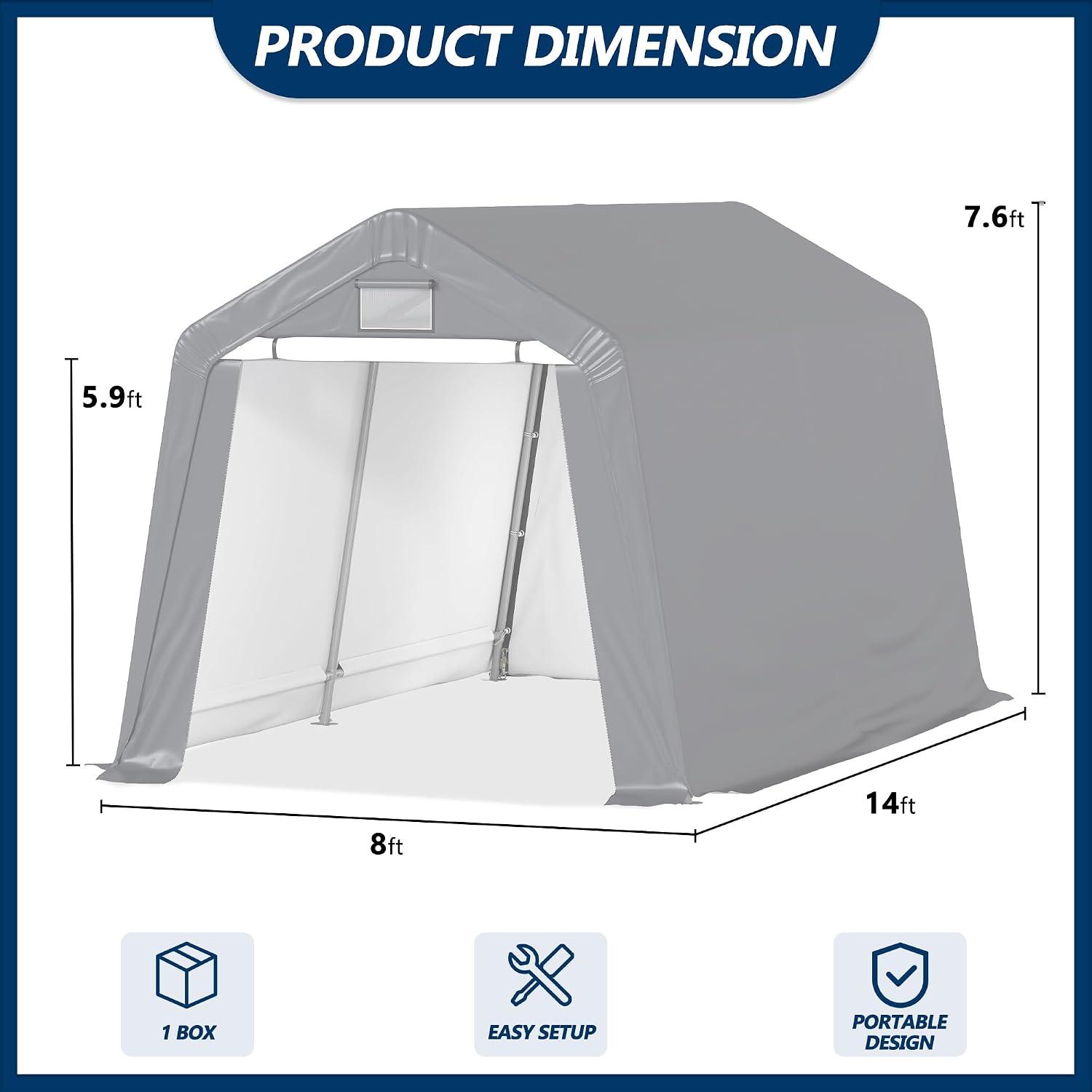 COVERONICS 8' x 14' Outdoor Storage Shed - Heavy Duty Portable Shelter Carport with Ventilation Windows and Roll-up Doors, Storage Shelter Tent for Motorcycle, Bike, Lawnmower and Garden Tools, Grey