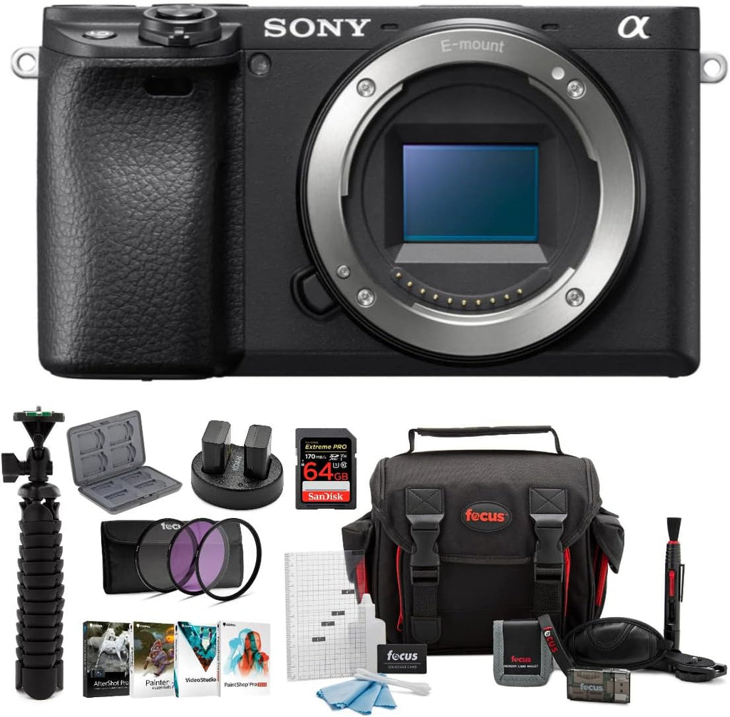Sony a6400 Mirrorless Digital Camera (Body Only) Bundle with High Speed 64 GB SDXC Card, Filter Kit, 3 Batteries, USB Charger, Corel Photo Suite, Messenger Bag, Tripod, and SD Card Wallet (8 Items)