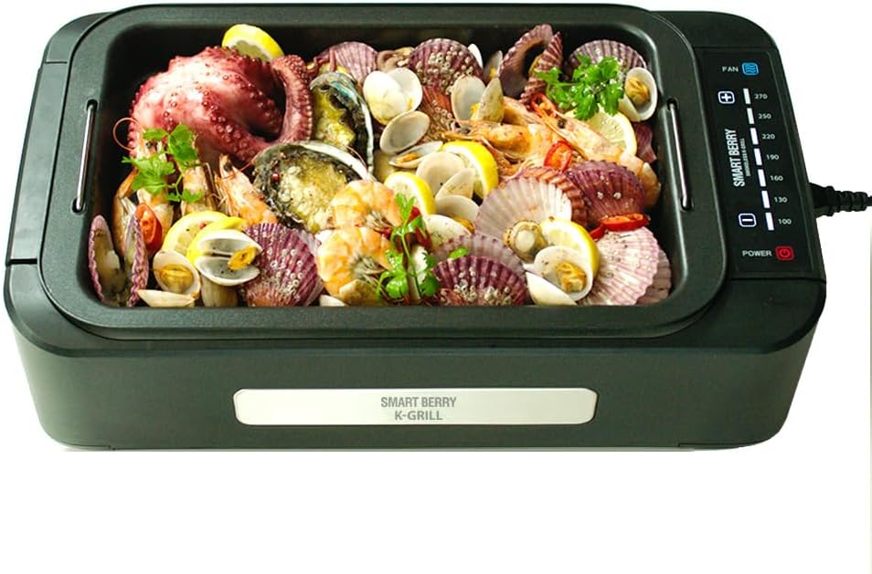 SMART BERRY 3 in 1 Smokeless Electric Indoor Grill, Nonstick Grill/Griddle Plates, Jjamjjapan, Glass Lid, Portable Korean BBQ Grill with 7-Level Control (Jjamjjapan set White)