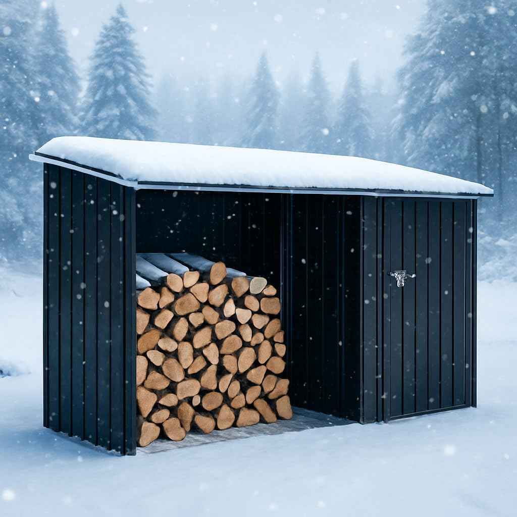 2-in-1 Outdoor Garden Storage Shed with Firewood Rack, Heavy Duty Galvanized Steel Tool Shed with Sloped Roof, Weather-Resistant Backyard Storage for Tools, Equipment & Firewood