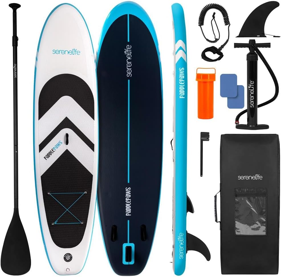 SereneLife XL Inflatable Stand Up Paddle Board - Pet-Friendly SUP for Adults and Pets - Extra-Wide Stable Design with Non-Slip EVA Deck Pad, Premium SUP Accessories, 440/485 lbs