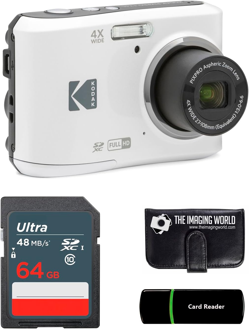 Kodak PIXPRO FZ45 16MP Digital Camera 4X Optical Zoom 27mm Wide Angle 1080P Full HD Video 2.7' LCD Camera (White) + 64GB Card and Reader + Memory Wallet Bundle