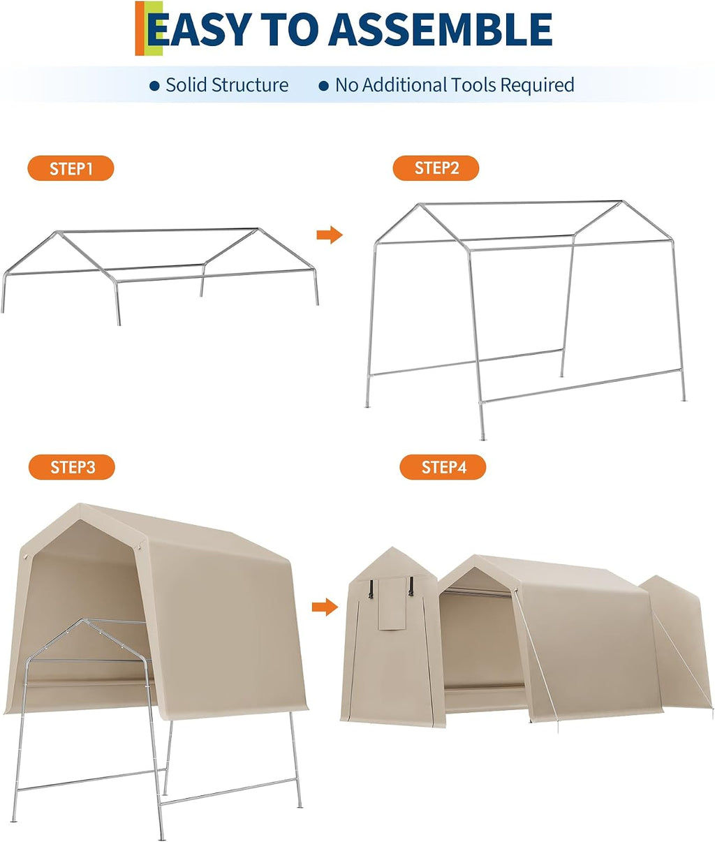 GarveeHome 6x6 FT Portable Outdoor Storage Shed with Roll-Up Zipper Door & Vent, 240G Heavy-Duty Shelter Waterproof PE Tarp, UV-Resistant Carport for Motorcycle, Firewood, Tools -Gray (Khaki, 6x8)