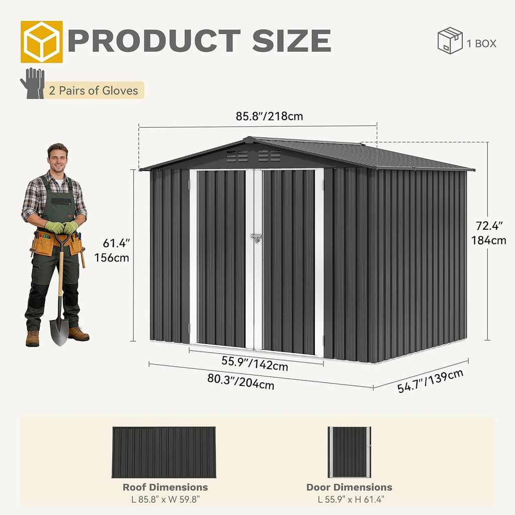 DWVO 7x5FT Outdoor Storage Shelter, Roomy Steel Tool Shed with Secure Entrances & Air Circulation for Patio, Lawn, and Backyard, Ideal for Storing Garden Gear, Lawn Tools, and Bikes, Dark Gray