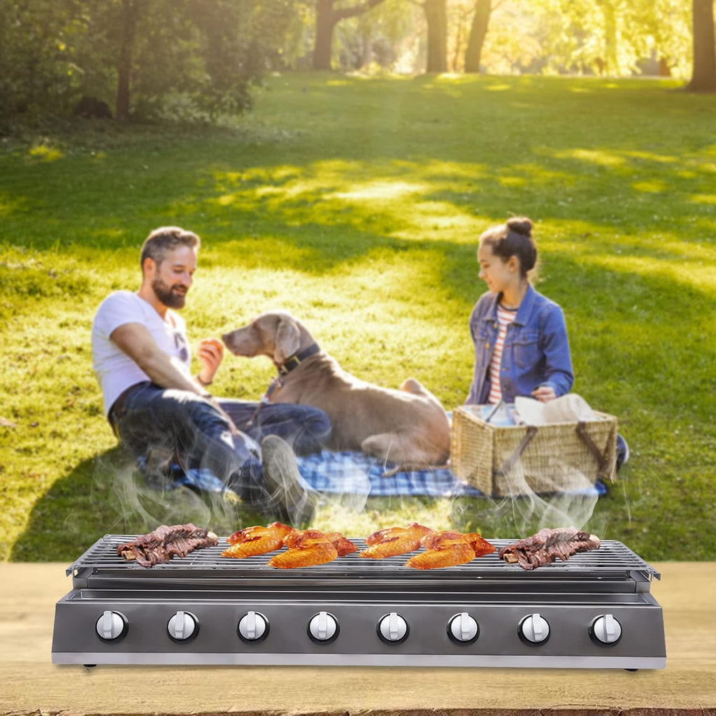 8-Burner Gas Grill Portable LPG Stove, Tabletop BBQ Grill Stainless Steel Korean BBQ Grill for Outdoor Cooking Camping, Height Adjustable, Stainless Steel Griddle