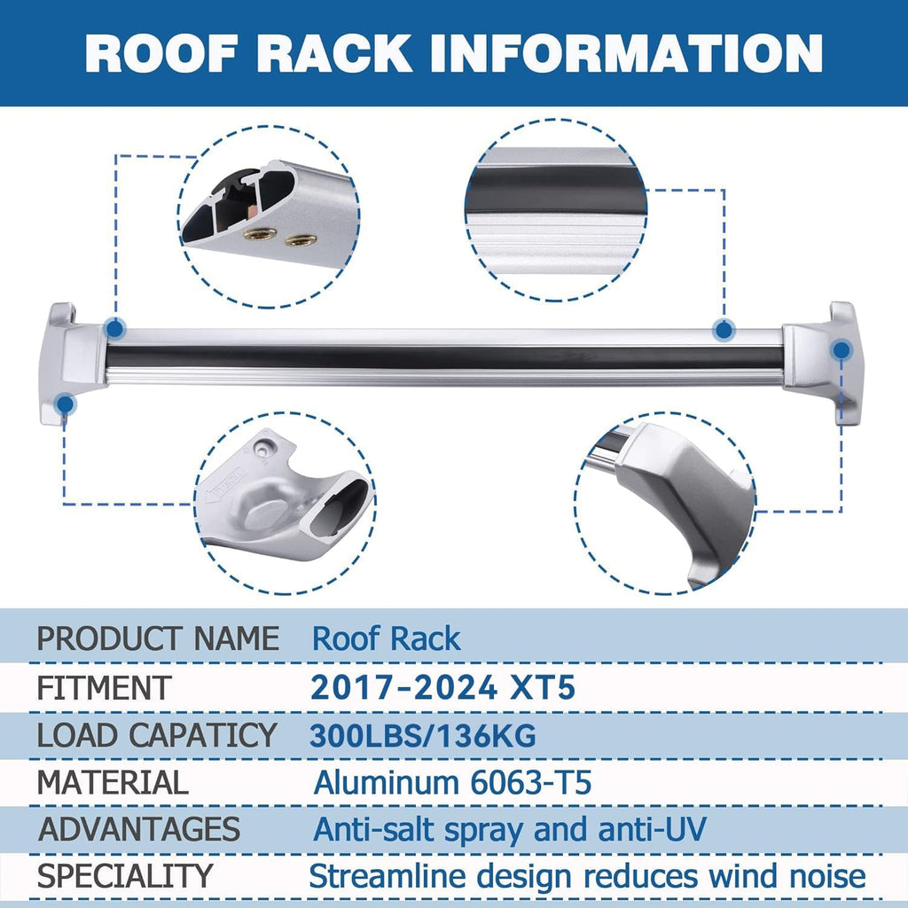 300Lbs Roof Rack Crossbars Compatible with Cadillac XT5 2017 2018 2019 2020 2021 2022 2023 2024 2025 2026, Aluminum Cross Bar for Rooftop Cargo Carrier Luggage Kayak Bicycles Snowboard