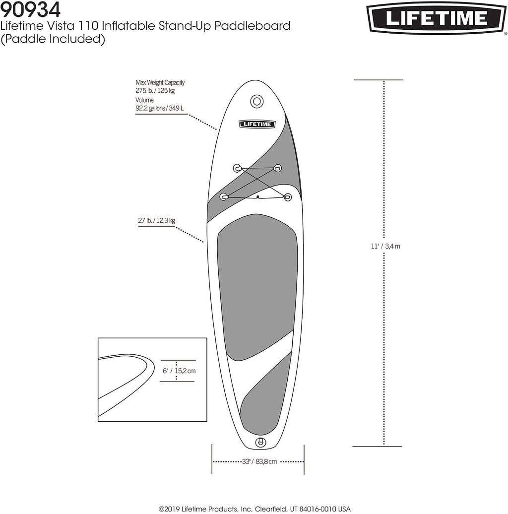 Lifetime Vista Inflatable Stand Up Paddle Board, 11' Long x 32' Wide x 6' Thick, Durable and Lightweight SUP, Stable Wide Stance Deck, Includes Backpack, Paddle, Pump, Removable Fin and Repair Kit