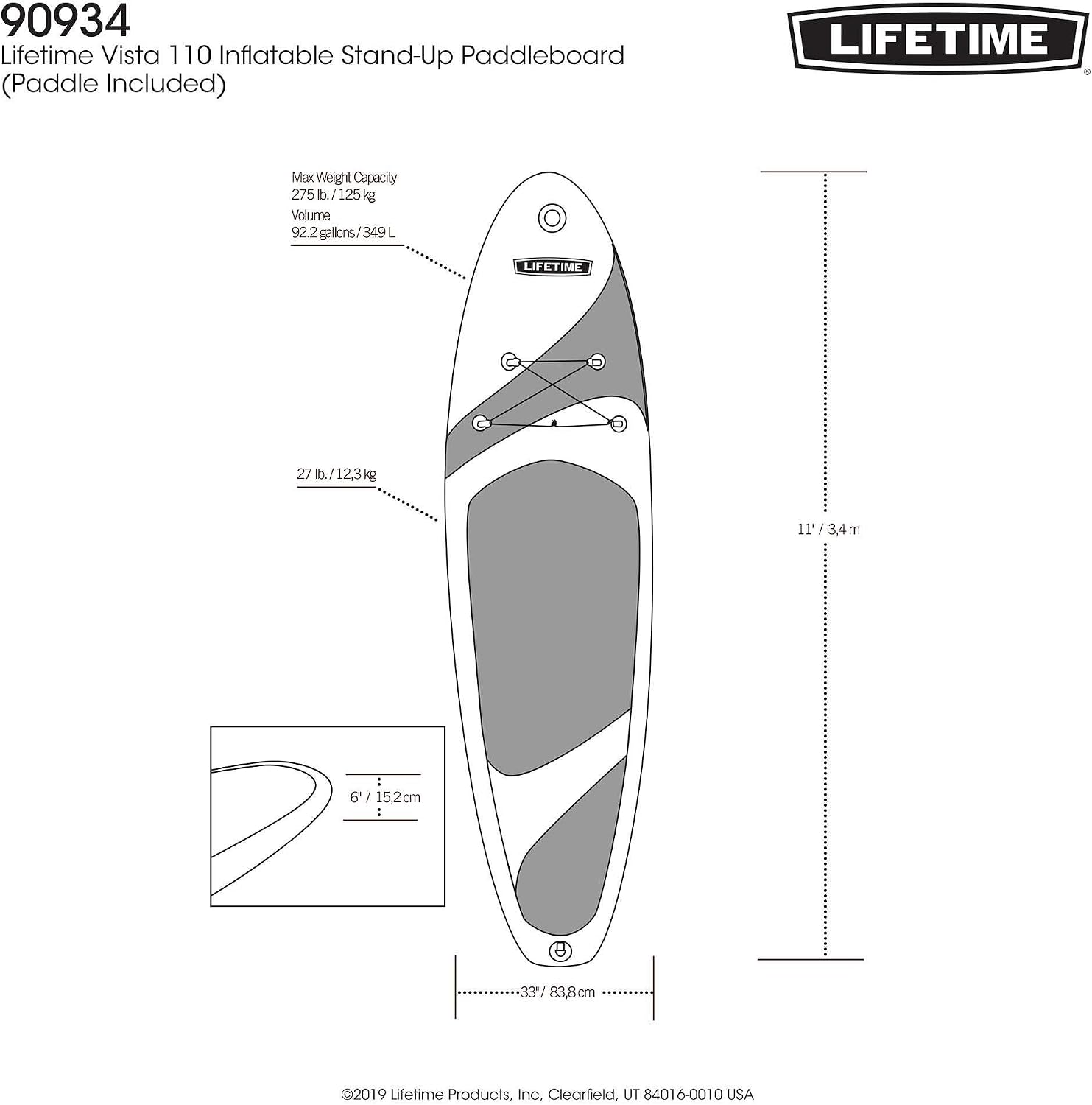 Lifetime Vista Inflatable Stand Up Paddle Board, 11' Long x 32' Wide x 6' Thick, Durable and Lightweight SUP, Stable Wide Stance Deck, Includes Backpack, Paddle, Pump, Removable Fin and Repair Kit
