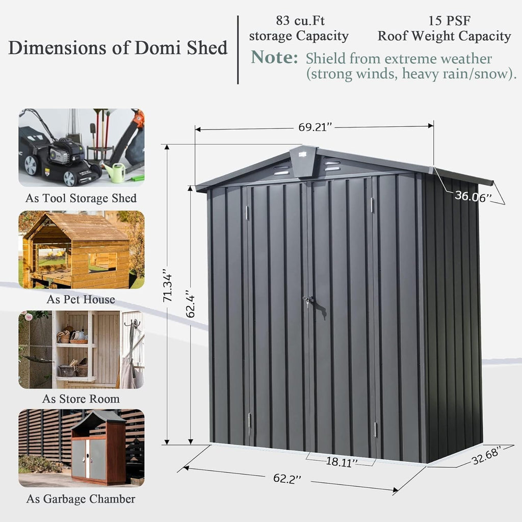Domi Outdoor Storage Shed 5'x3, Metal Waterproof Tool Shed Utility Storage House with Double Lockable Doors & Air Vent for Garden Backyard Patio Lawn