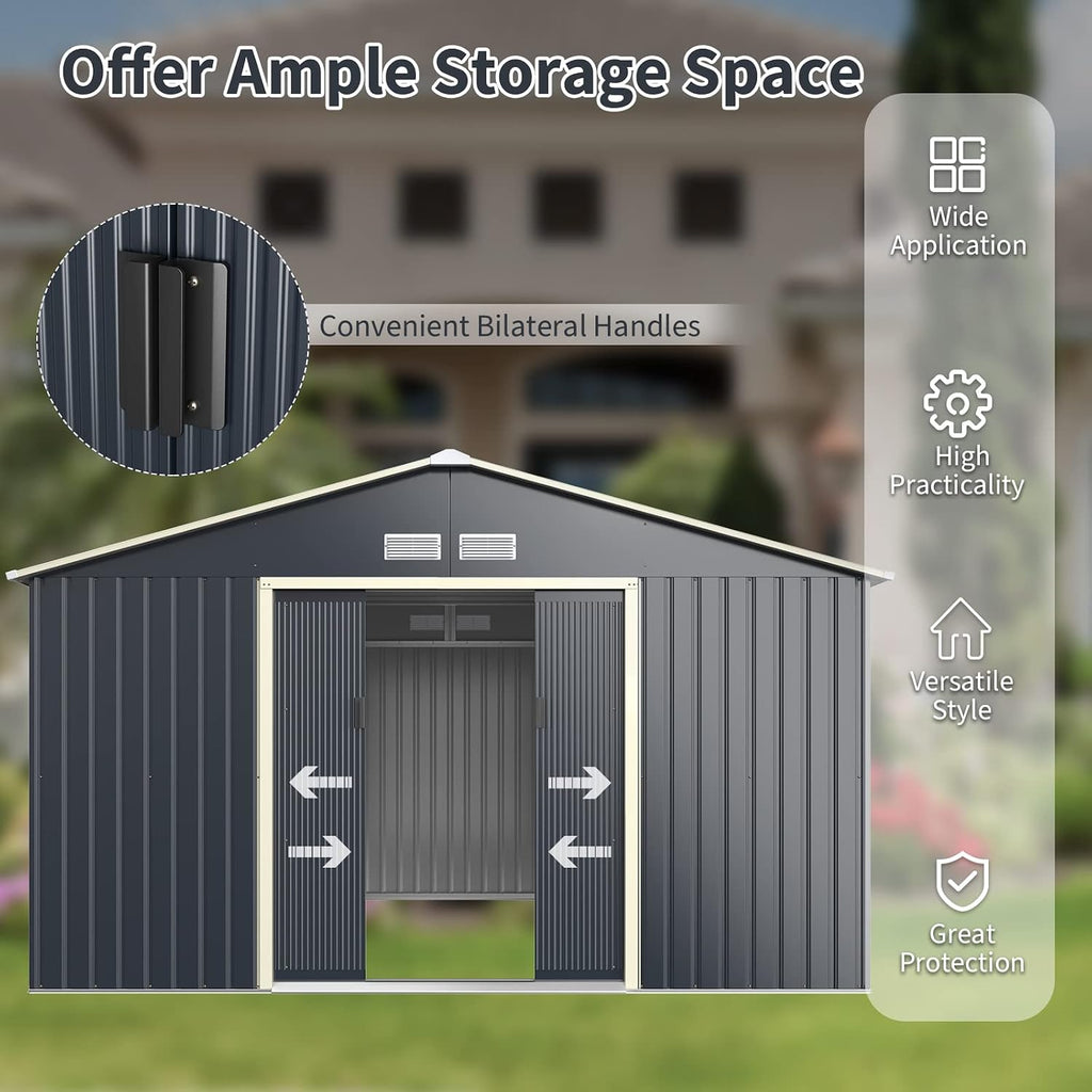 Goplus Outdoor Storage Shed, 11' X 10' Metal Garden Shed with 4 Vents & Double Sliding Door, Utility Tool Shed Storage House for Backyard, Patio, Lawn
