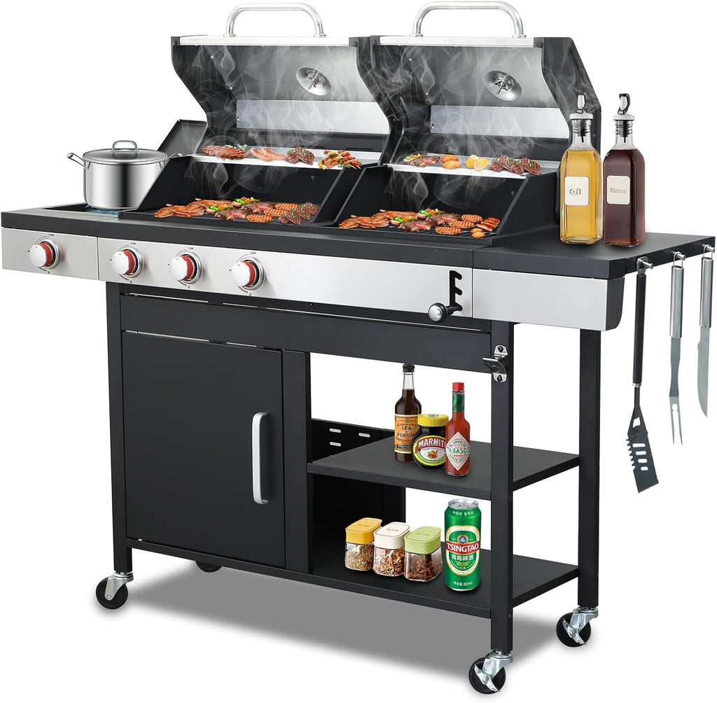 Gas and Charcoal Combo Grill with Side Burner, 37,230 BTU Outdoor BBQ Grill with Porcelain-Enameled Cast Iron Grates and Griddle Plate, Thermometer, Storage Cabinet Rack for Patio, Garden, Backyard