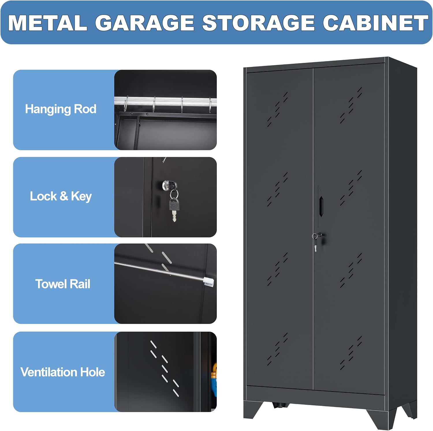 VASAAOSD Metal Garage Storage Cabinet with Locking Doors, 71' Tall Broom Closet Storage Cabinet, Heavy Duty Garage Organization Cabinets, Steel Cabinet with Hanging Rod, Assembly Required