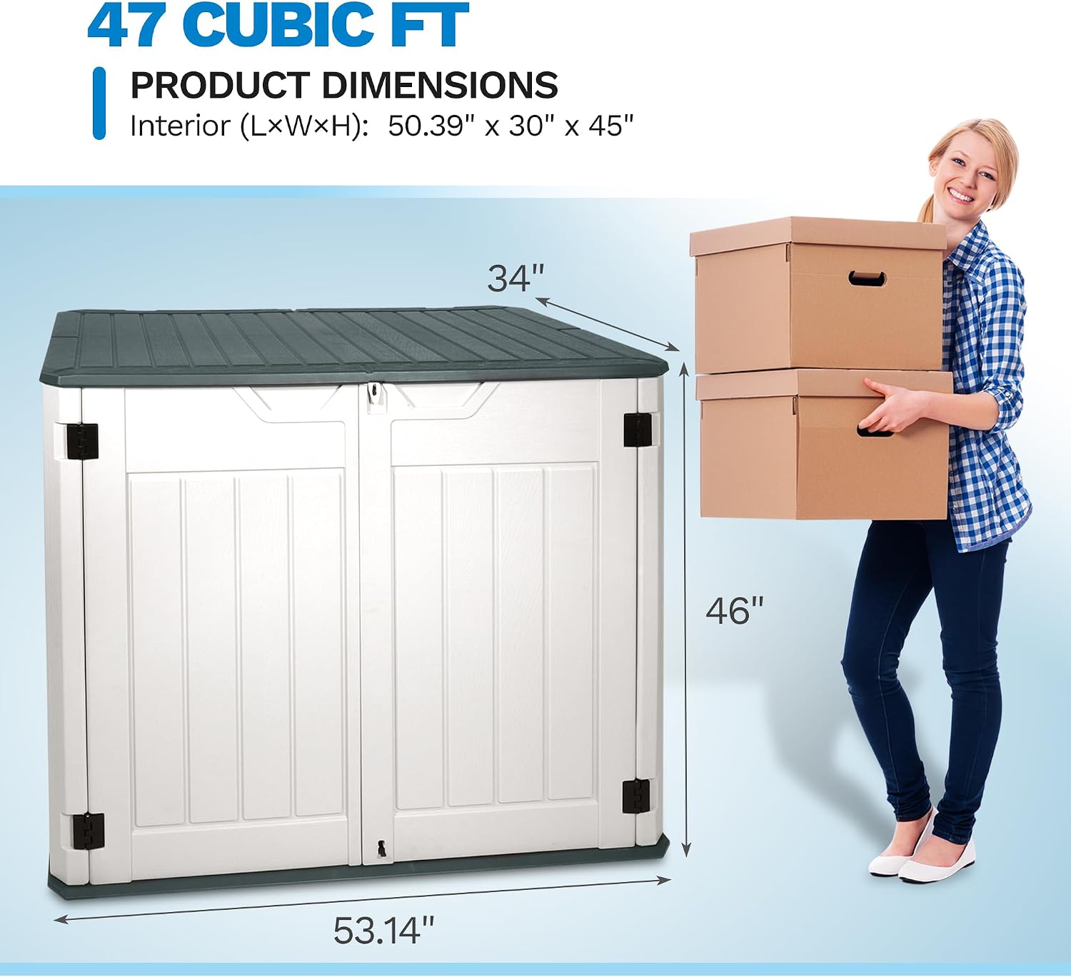 47 Cu ft Outdoor Storage Shed, Large Resin Outdoor Storage Box for Patio Garden Yard Outdoor Storage Cabinet for Tools Pool Supplies - Lockable Deck Boxes Outdoor Waterproof