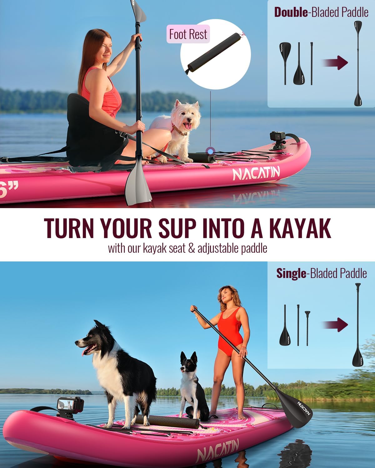NACATIN 12'/366cm Extra Large Inflatable Stand Up Paddle Board with Seat, Wide 36'/91cm SUP Board for Adults & Family, with Single/Double Paddle, Kayak Seat, Pump, Stable Wide Deck for Beginners