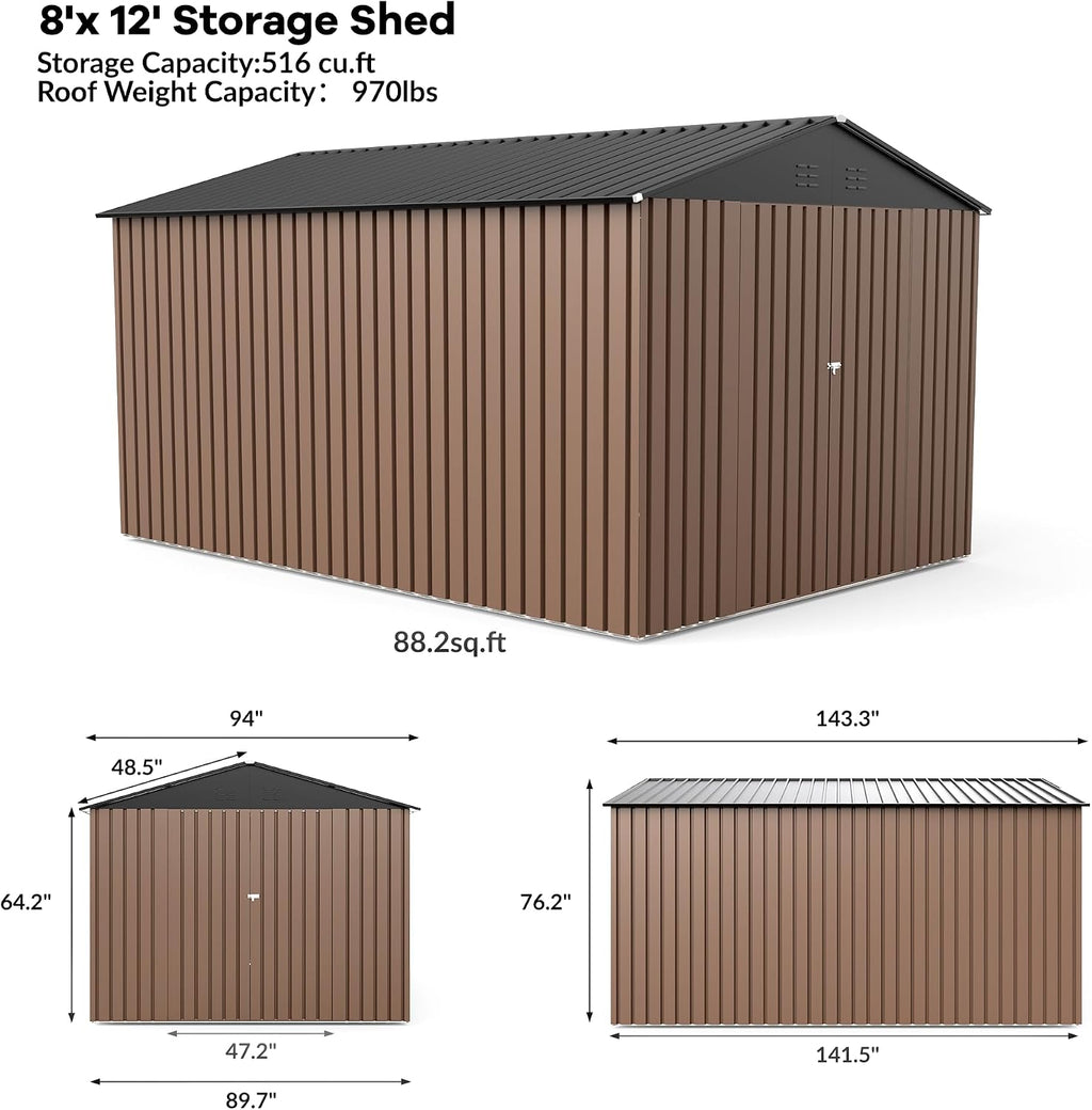 GarveeLife 8 x 12 ft Outdoor Storage Shed, Metal Garden Shed with Updated Frame Structure, Tool Sheds with Lockable Doors, Bike Storage Shed for Backyard Garden Patio Lawn