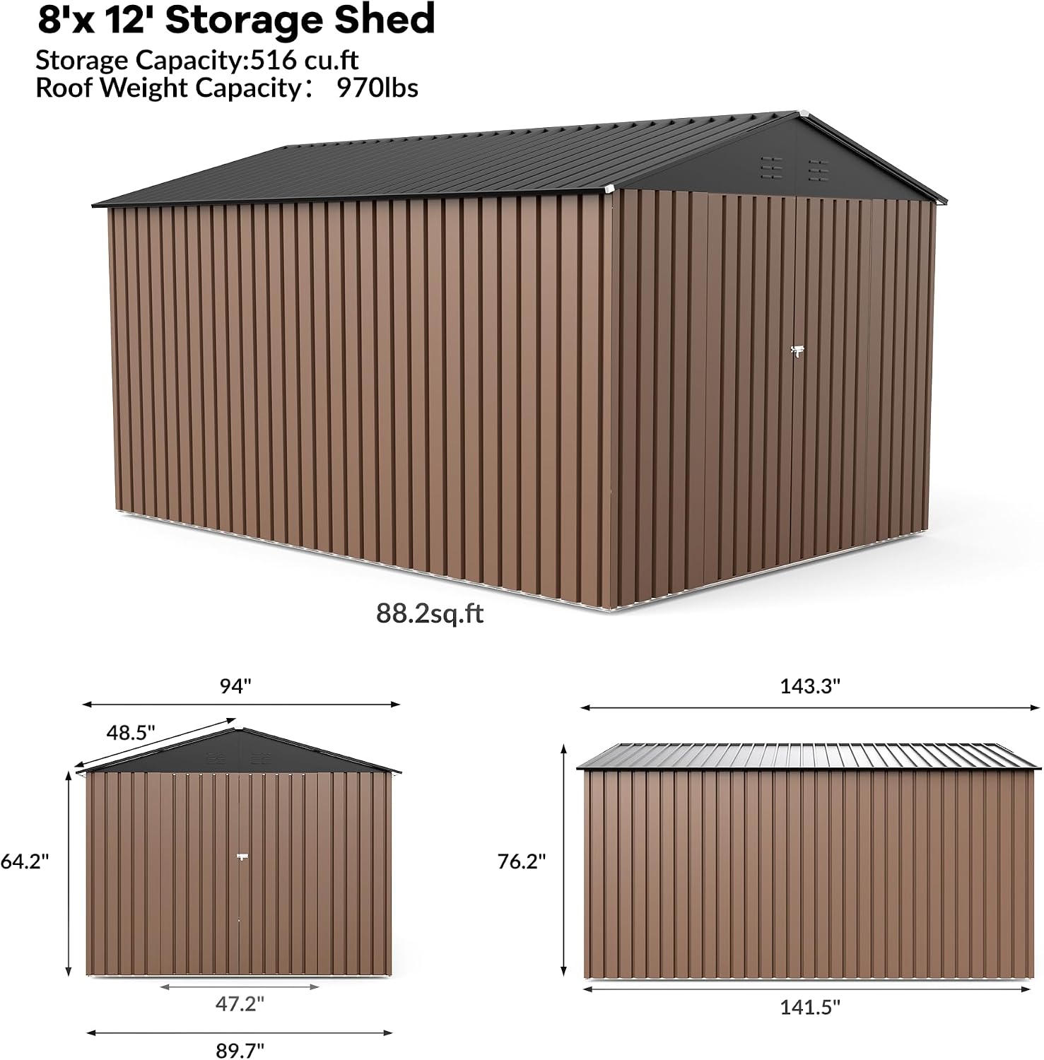 GarveeLife 8 x 12 ft Outdoor Storage Shed, Metal Garden Shed with Updated Frame Structure, Tool Sheds with Lockable Doors, Bike Storage Shed for Backyard Garden Patio Lawn