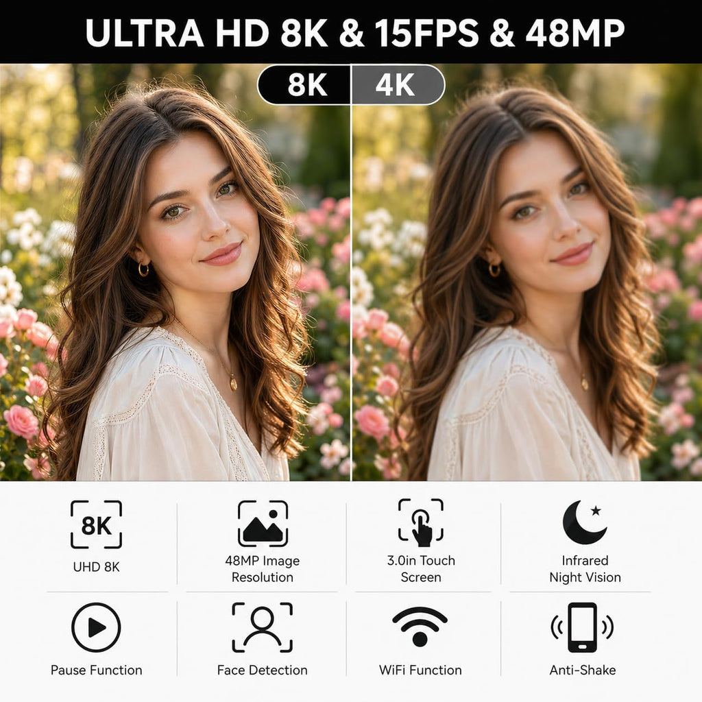 Video Camera, 8K Camcorder 48MP 15FPS UHD WiFi Vlogging Camera with IR Night Vision for YouTube, 3' Touch Screen 18X Digital Zoom, with Fill Light, Mic, Stabilizer, Lens Hood, Remote and 2 Batteries