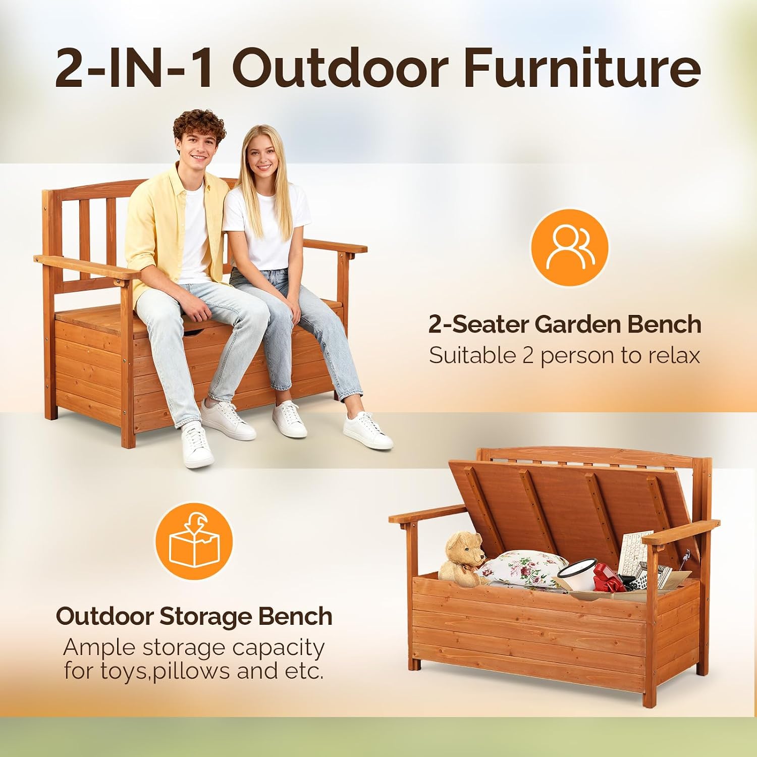 VINGLI Outdoor Storage Bench, Large Wood Deck Box with Seating, Weatherproof Outdoor Bench with Storage Loveseat, 2-Person Wooden Patio Bench for Entryway, Backyard, Garden