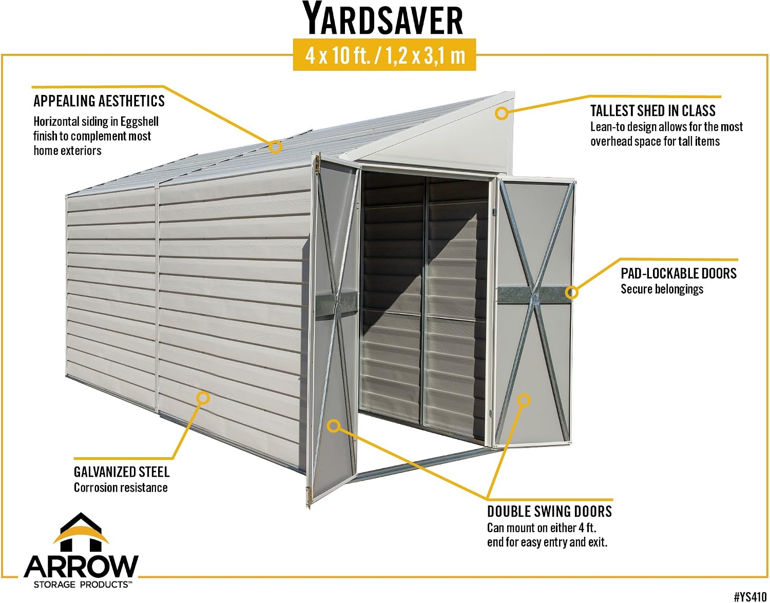 Arrow Shed Yardsaver Compact Galvanized Steel Storage Shed with Pent Roof, 4' x 10'