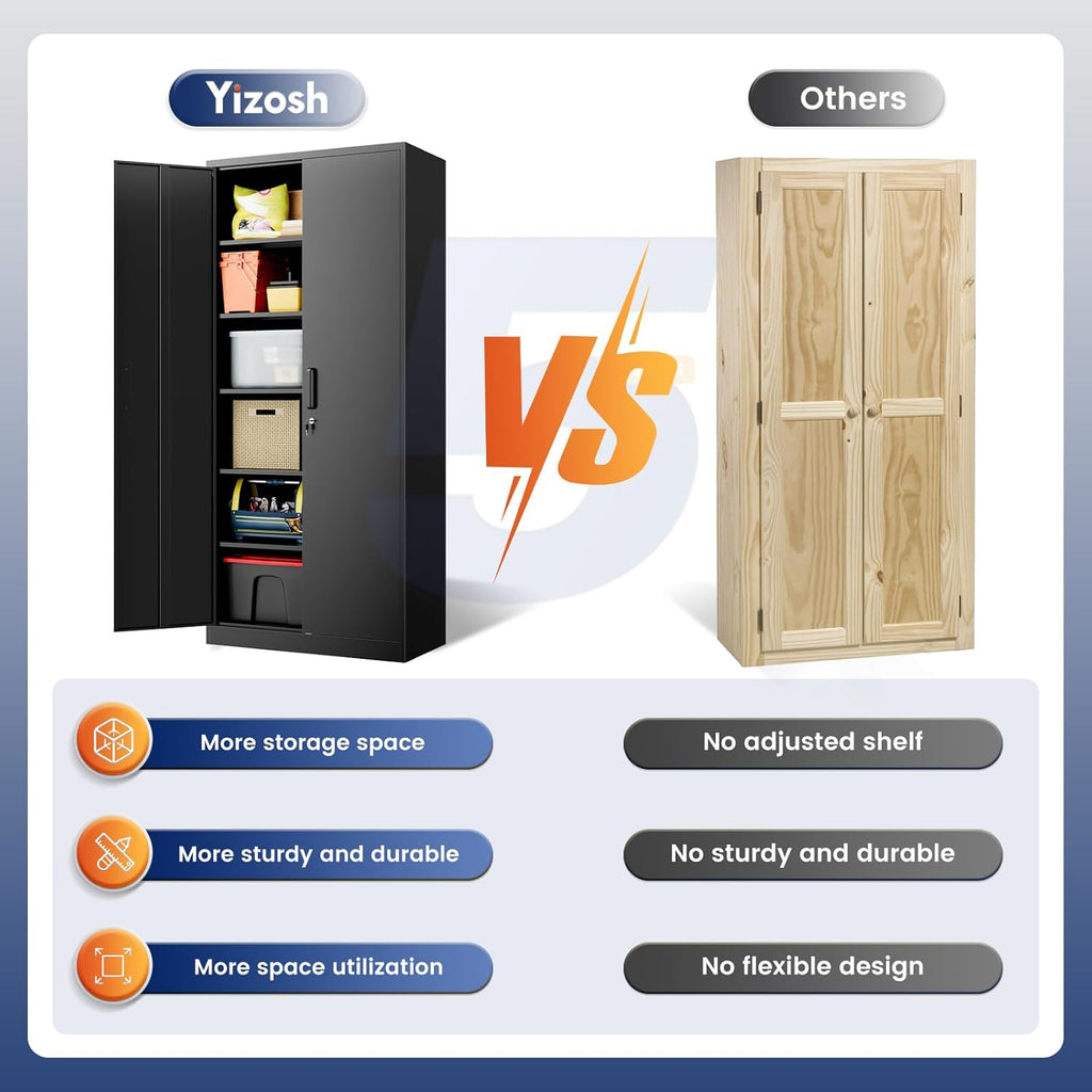Yizosh Metal Storage Cabinet with Lock - 72' Garage Storage Cabinet with 2 Locking Doors and 5 Adjustable Shelves, Black Steel Lockable for Office,Home,Garage