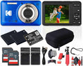 Kodak Pixpro FZ55 Digital Camera (Blue) Bundle Including: 2X 128 GB Memory Card, 2X Rechargeable Battery, Battery Charger, Camera Case, Flexible Tripod, Card Reader, Card Wallet, Hand Strap, More