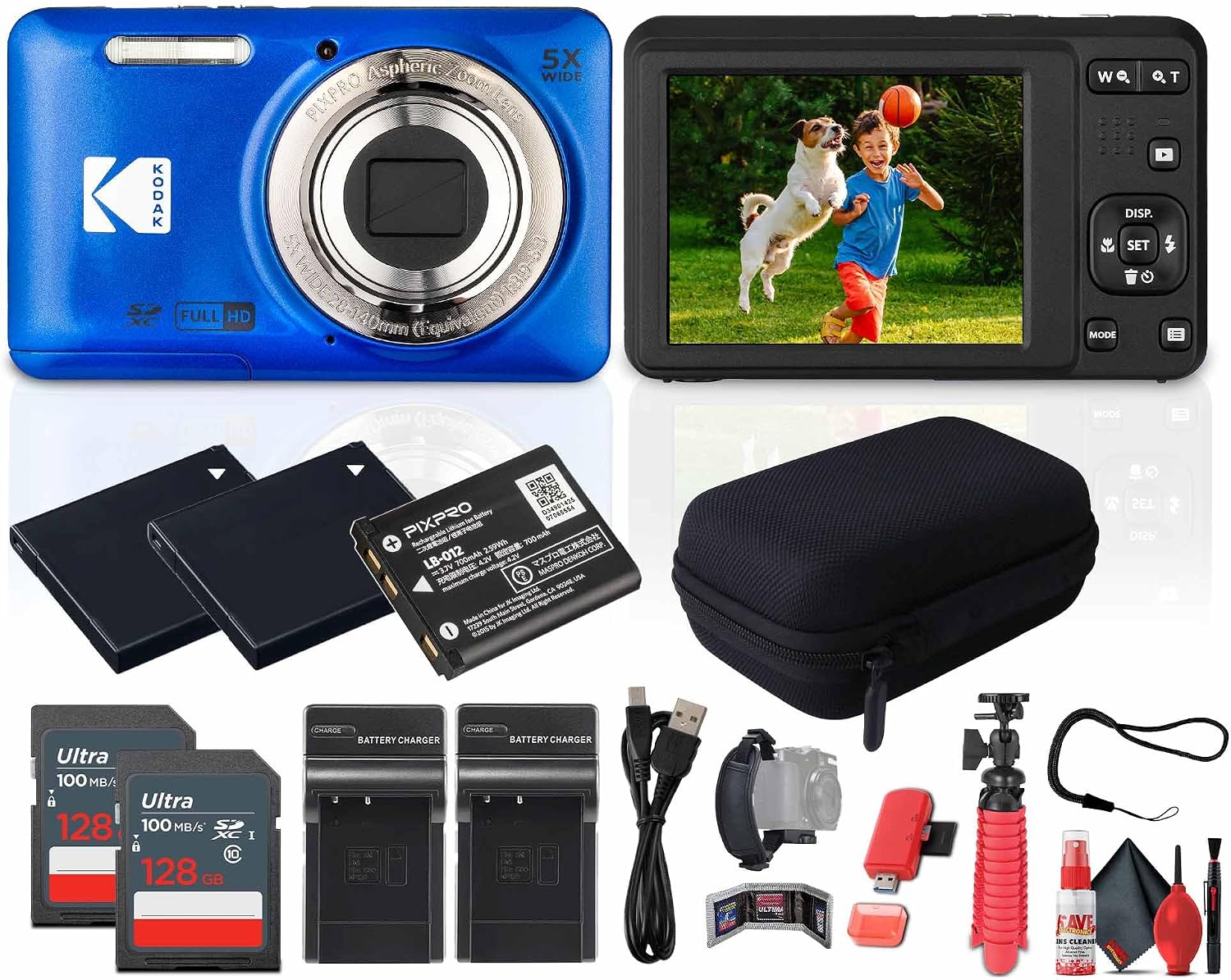Kodak Pixpro FZ55 Digital Camera (Blue) Bundle Including: 2X 128 GB Memory Card, 2X Rechargeable Battery, Battery Charger, Camera Case, Flexible Tripod, Card Reader, Card Wallet, Hand Strap, More
