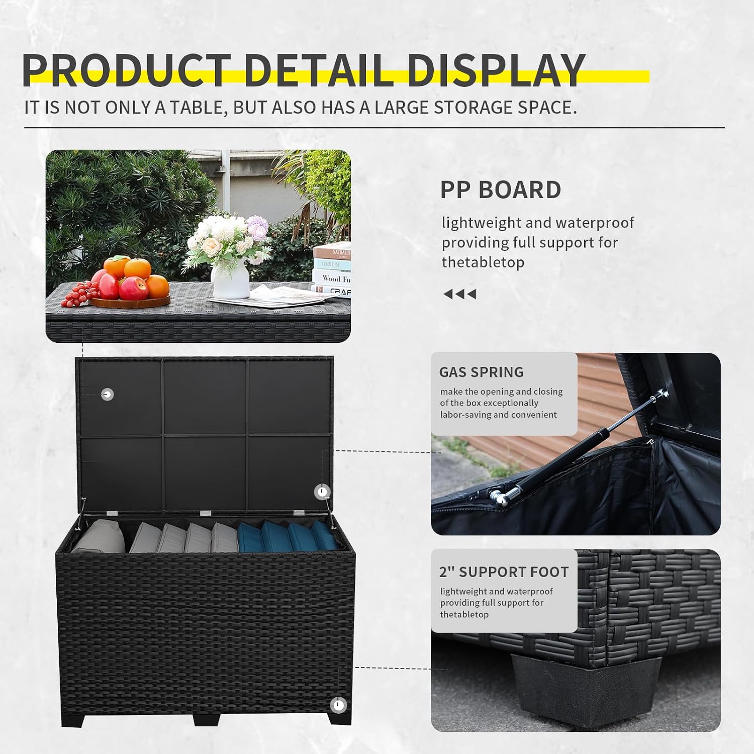 Lviden 140 Gallon Outdoor Storage Box Wicker Patio Storage Bin with Waterproof Lining Bag Deck Box and Cushion Storage Bin Outdoor, Black