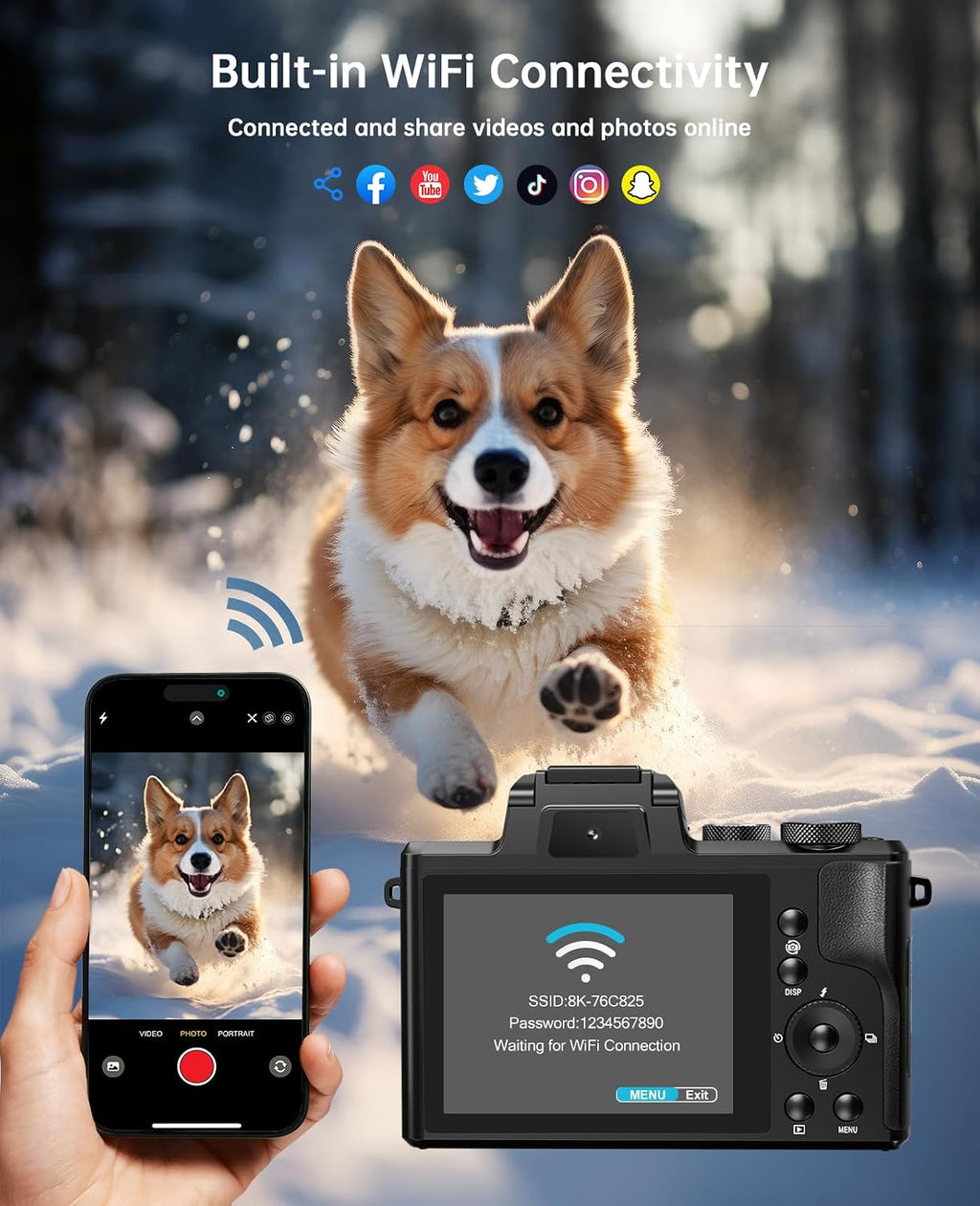 8K Digital Cameras for Photography - Autofocus 88MP WiFi Vlogging Camera for YouTube with Dual-Lens - 16X Digital Zoom Vlog Camera with Lens Hood, Flash, Touch Screen, 2 Batteries, 32GB TF Card