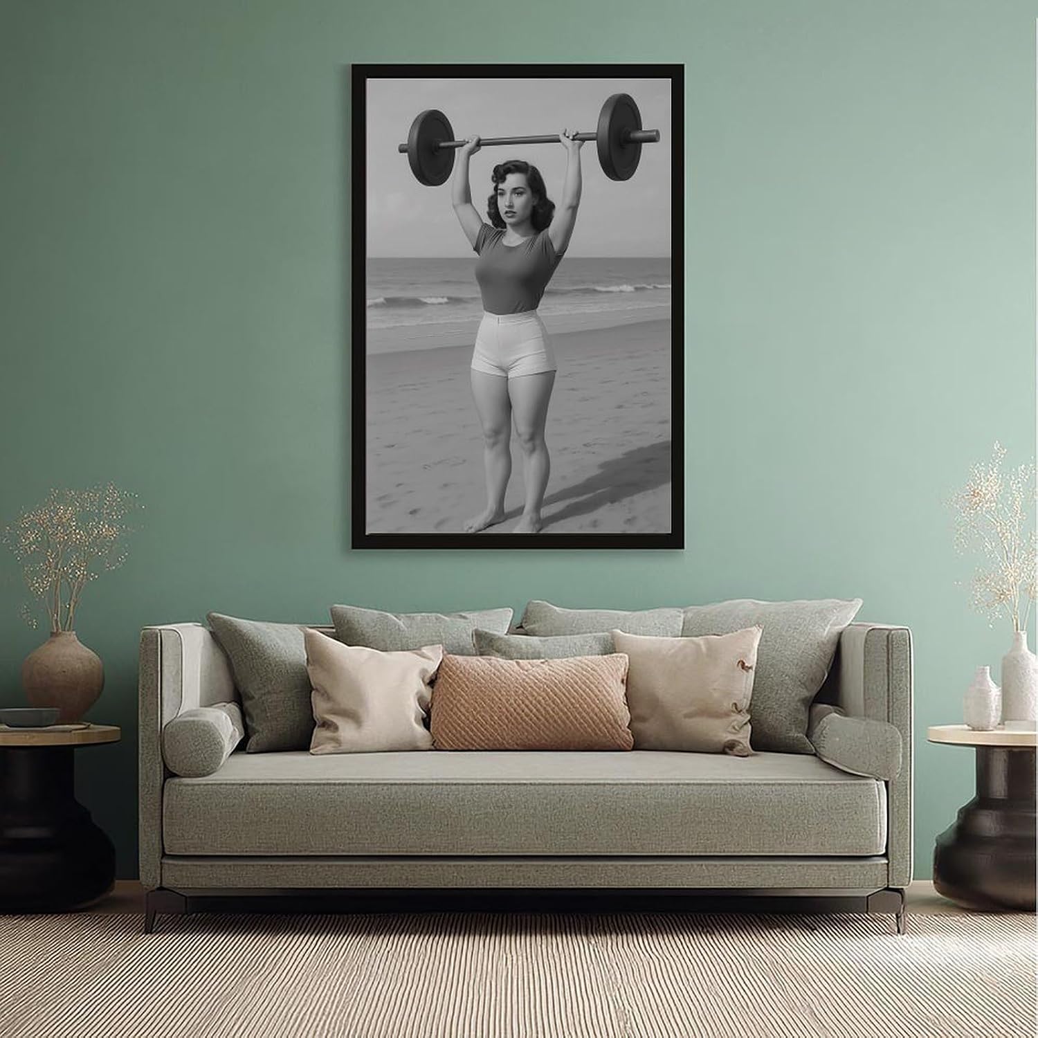 Vintage Woman Weightlifting, Woman Bodybuilder , Black And White , Beach Fitness Art Poster Canvas Poster Wall Art Decor Print Picture Paintings for Living Room Bedroom Decoration Black Frame 24x36in(
