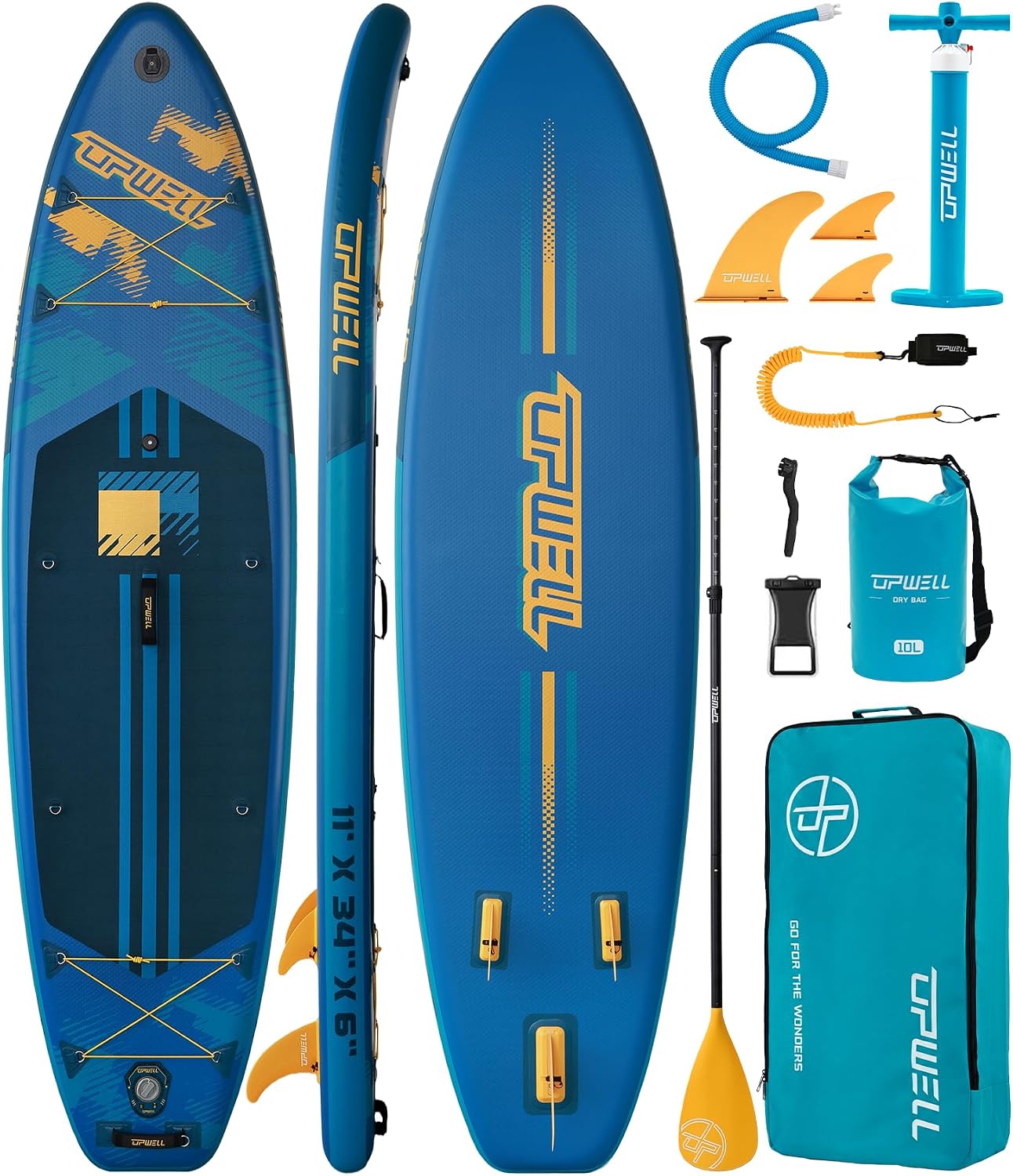 UPWELL 11'×34' Stand Up Paddle Board, SUP Board for Adults & Teens, Inflatable SUP Board with Premium Accessories, 120L Backpack, Paddle, Leash, Hand Pump, Fins