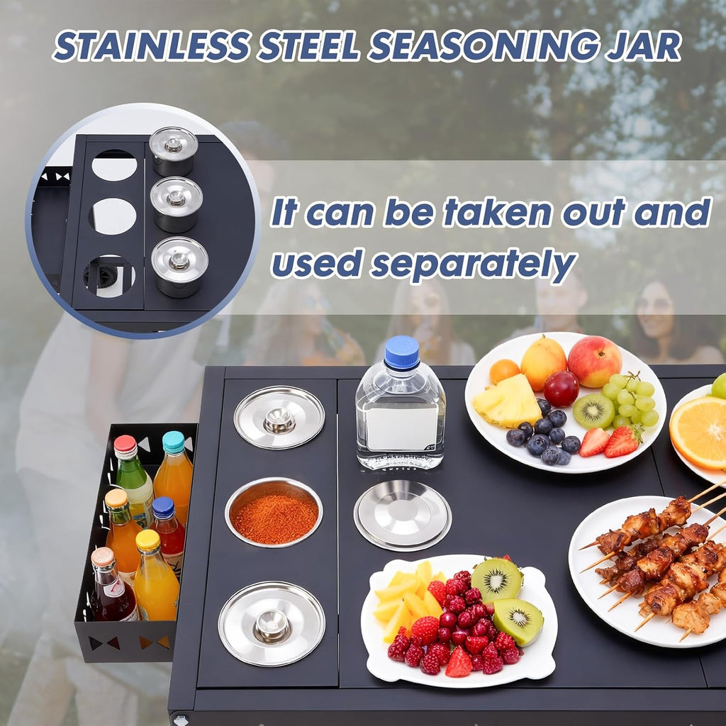 Portable Outdoor Grill Table with Wheels, Heavy-Duty Griddle Stand Grill Cart with Shelves,Towel Holder, Spice Pots & Bottle Opener, Multi-Functional BBQ Prep Station & Utility Cart