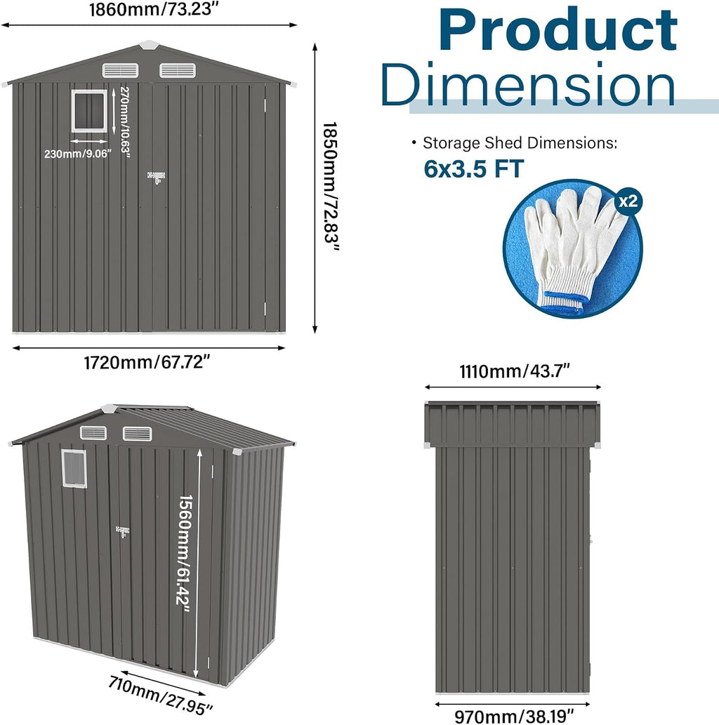 6x3.5 FT Outdoor Storage Shed, Small Metal Garden Shed with Window, Outside Tool Sheds with Lockable Hinged Doors, Waterproof Storage Building with 4 Air Vents for Backyard, Patio, Lawn, Gray