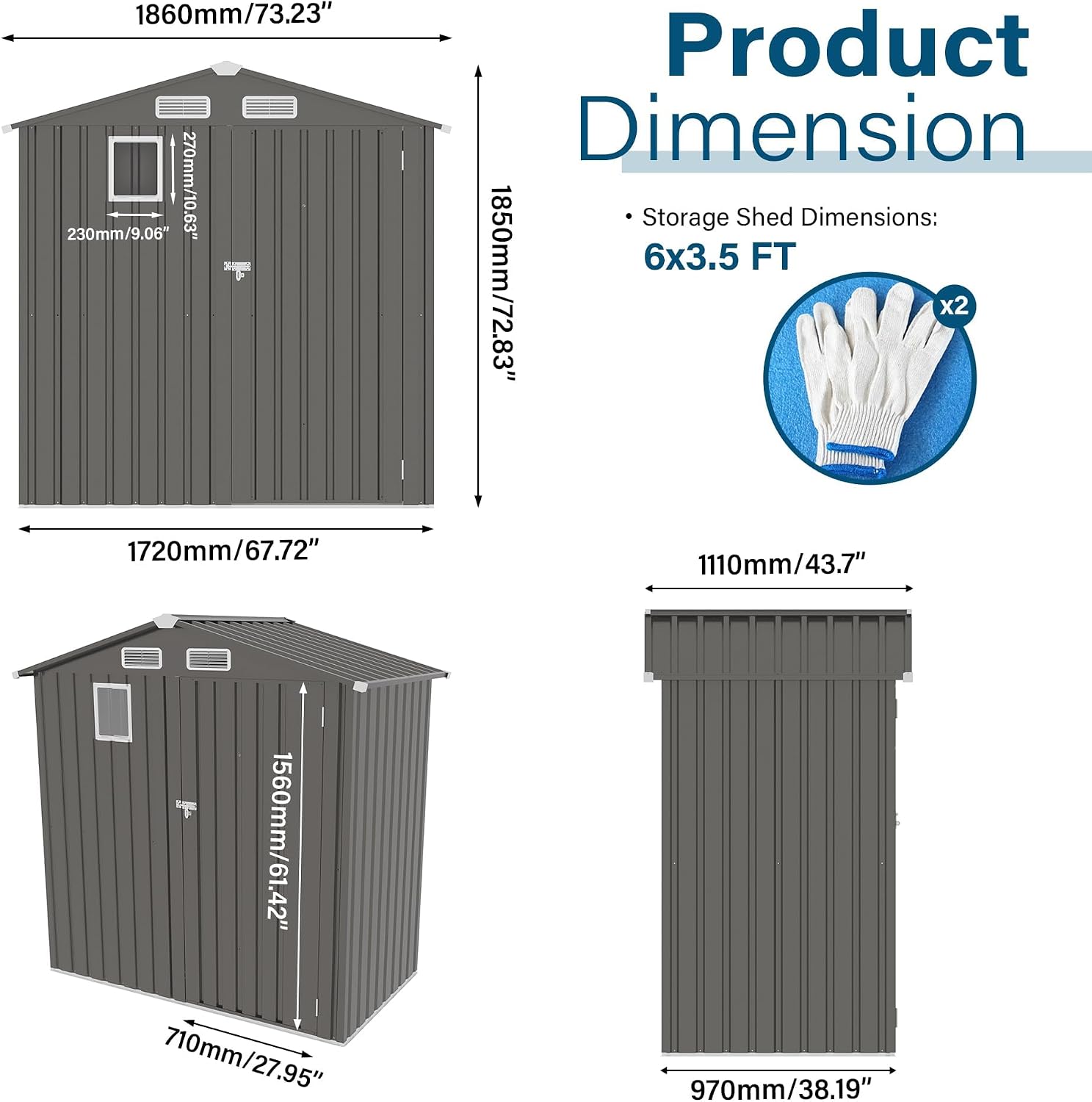 6x3.5 FT Outdoor Storage Shed, Small Metal Garden Shed with Window, Outside Tool Sheds with Lockable Hinged Doors, Waterproof Storage Building with 4 Air Vents for Backyard, Patio, Lawn, Gray