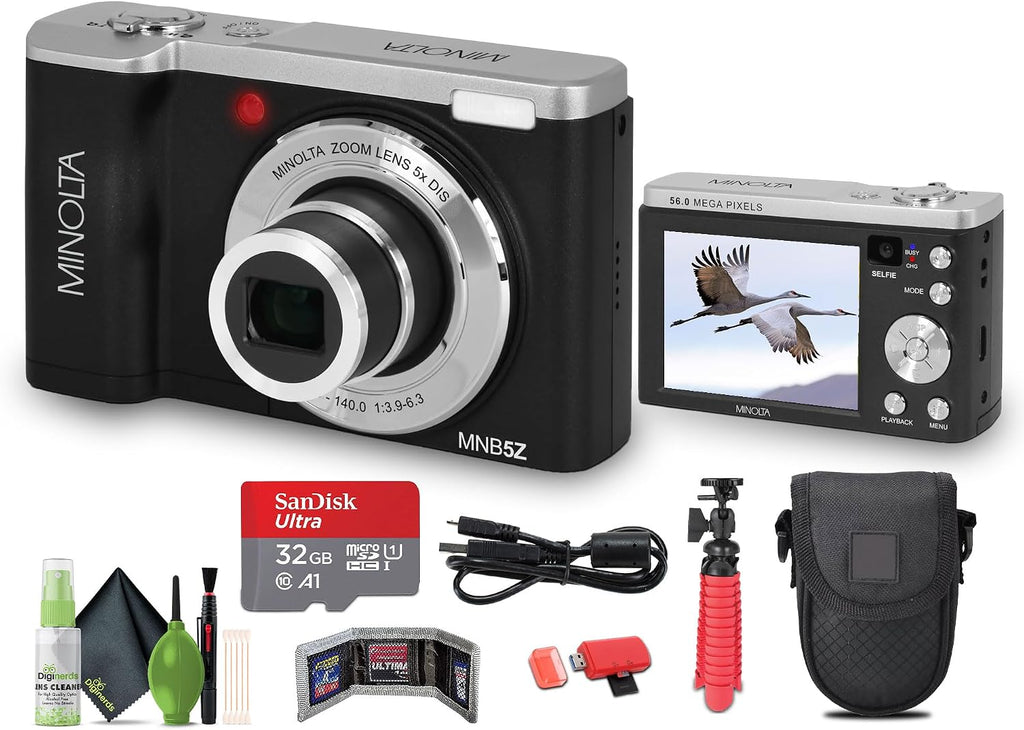 Minolta MNB5Z 56MP Dual Lens Point & Shoot Digital Camera with 5X Optical Zoom & 5K Ultra HD Video Bundle with 32GB Memory Card + Vlogger Tripod + Bag + Cleaning Kit + More Accessories (Black)