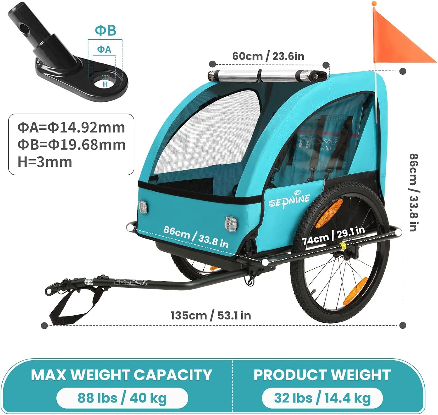 Sepnine Kids Bike Trailer, Suitable for 1 to 2 Children, Double Seat, Universal Coupler, Foldable, Canopy with Bug Screen and Weather Shield, with 5-Point Harness and Storage Bags