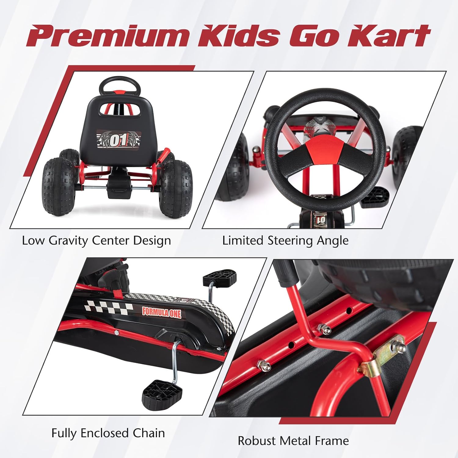 HONEY JOY Pedal Go Kart, 4 Wheeler Toddler Racing Ride On Pedal Car Toy, Forward/Backward, Ergonomic Seat, Handbrake, Steering Wheel, Outdoor Off-Road Go Cart for Kids, Boys Girls Gift (Red)