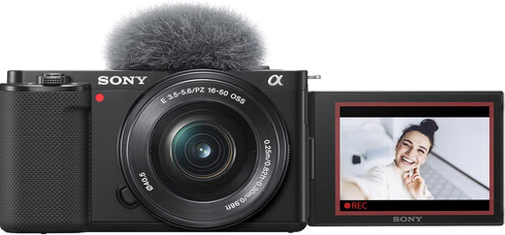 Sony ZV-E10 Mirrorless Camera with 16-50mm Lens, 128GB Extreem Speed Memory,.43 Wide Angle & 2X Lenses, Case. Tripod, Filters, Hood, Grip,Spare Battery & Charger, Editing Software Kit -Deluxe Bundle