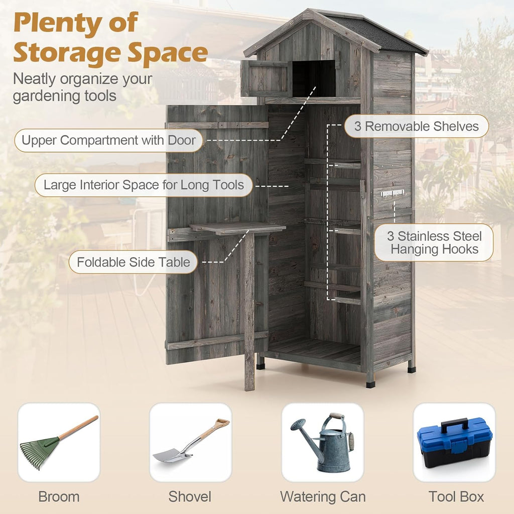 Goplus All-in-One Storage Shed, 70' Tall Wooden Lockable Cabinet w/Foldable Work Table, Vertical Utility Tool Organizer w/Shelves & Hooks, Waterproof Garden Shed for Patio Backyard (Gray)