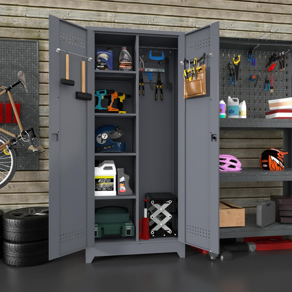 IRONFFICE Metal Garage Storage Cabinets,Metal Broom Closet Storage Cabinet,Utility Cabinets for Brooms and Mops,Steel Tall Cabinet with Shelves for Laundry Room,Bathroom,Home,Grey